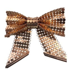 Vintage 70s 80s Gold Tone Mesh Bow Brooch Pin, MCM Retro Statement Jewelry 3"